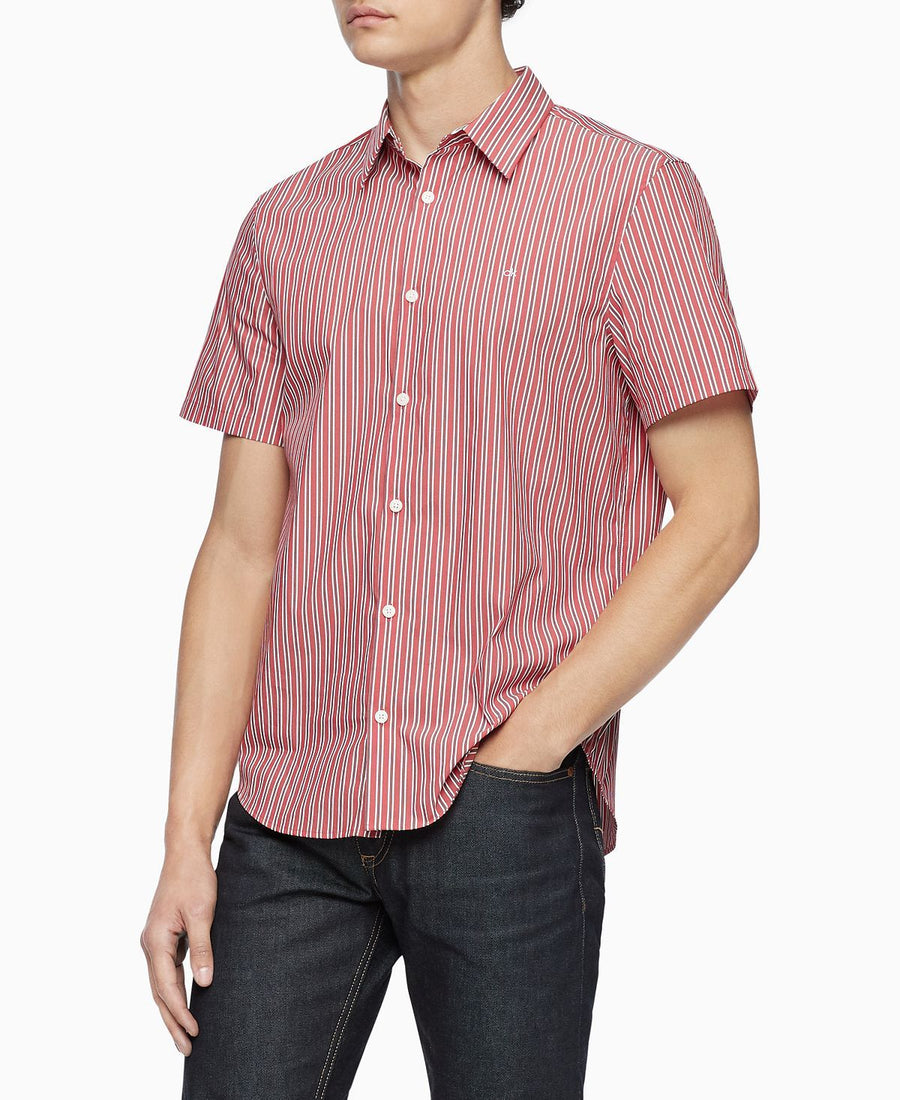 Calvin Klein Slim-fit Stretch Stripe Shirt Barbados Cherry Red