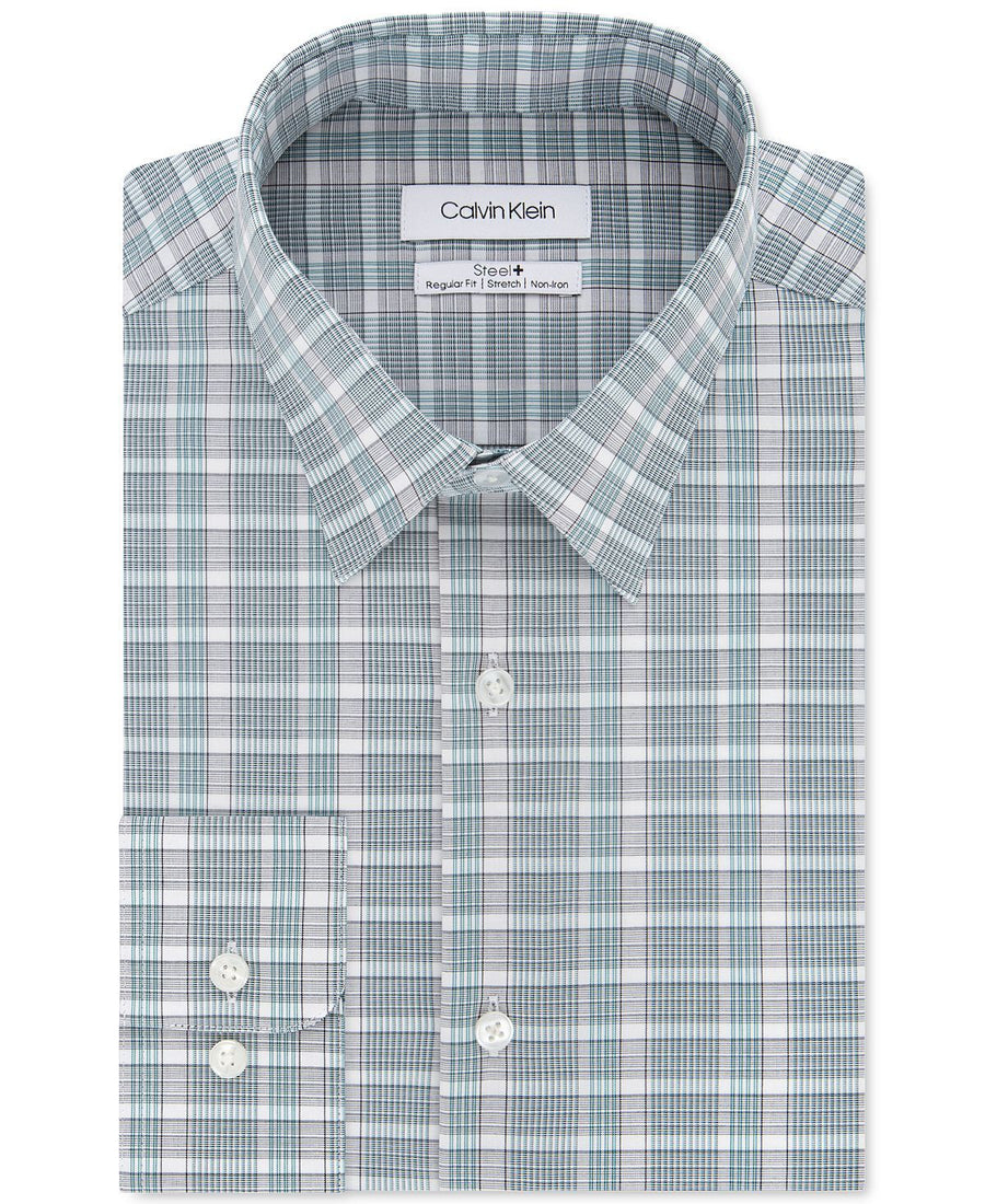 Calvin Klein Steel Classic/regular-fit Non-iron Performance Stretch Green Check Dress Shirt Green Multi