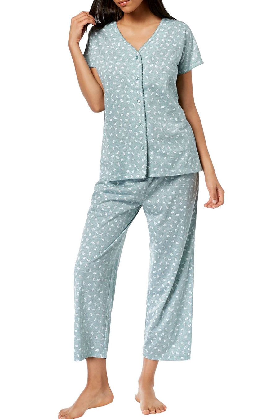 Charter Club Cotton Printed Pajama Set in Green Ditzy Branch