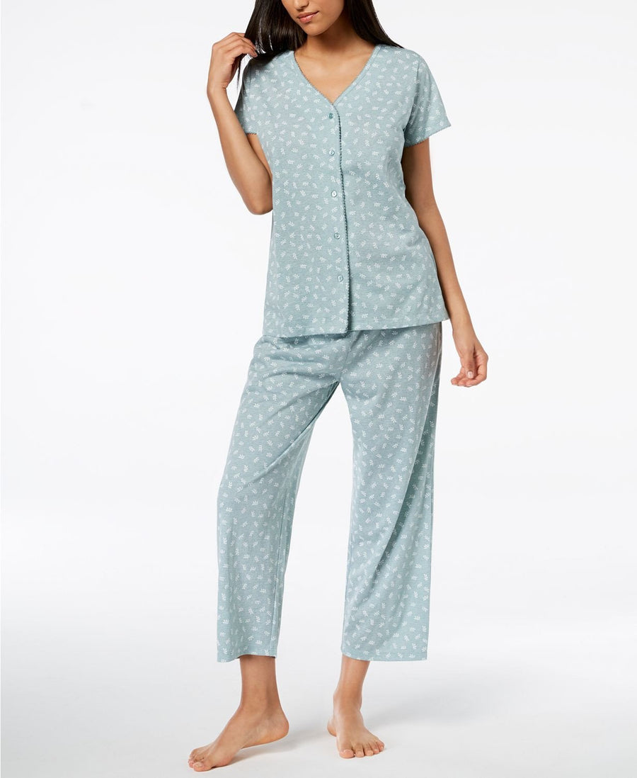 Charter Club Cotton Printed Pajama Set in Green Ditzy Branch