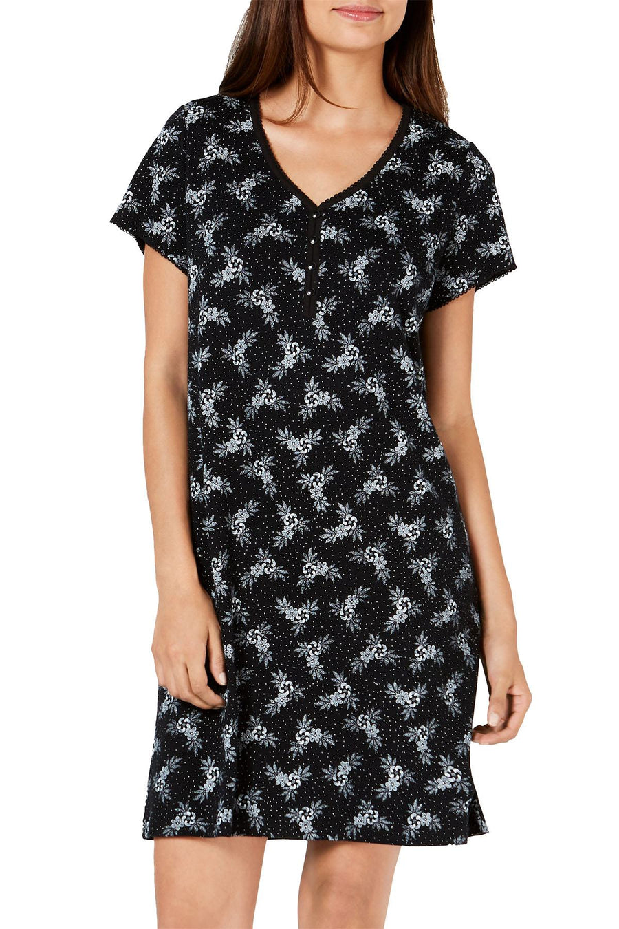 Charter Club Intimates Black Celestial Floral Printed Knit Sleepshirt