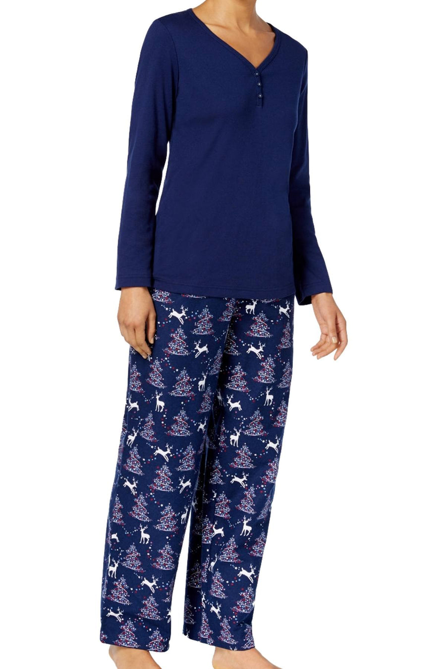 Charter Club Intimates Blue-Reindeer Flannel Mix-It Top and Printed Pant Pajama Set