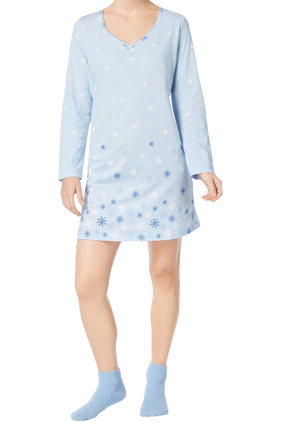 Charter Club Intimates Blue Snowflake Graphic-Print Cotton Sleepshirt With Matching Socks