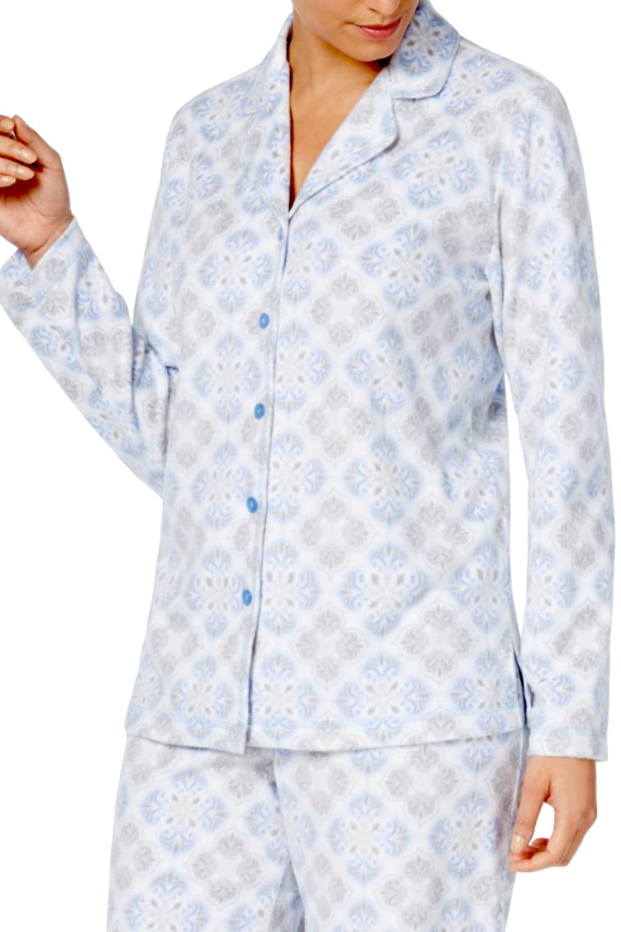 Charter Club Intimates Grey/Blue Tile-Printed Fleece Pajama Set