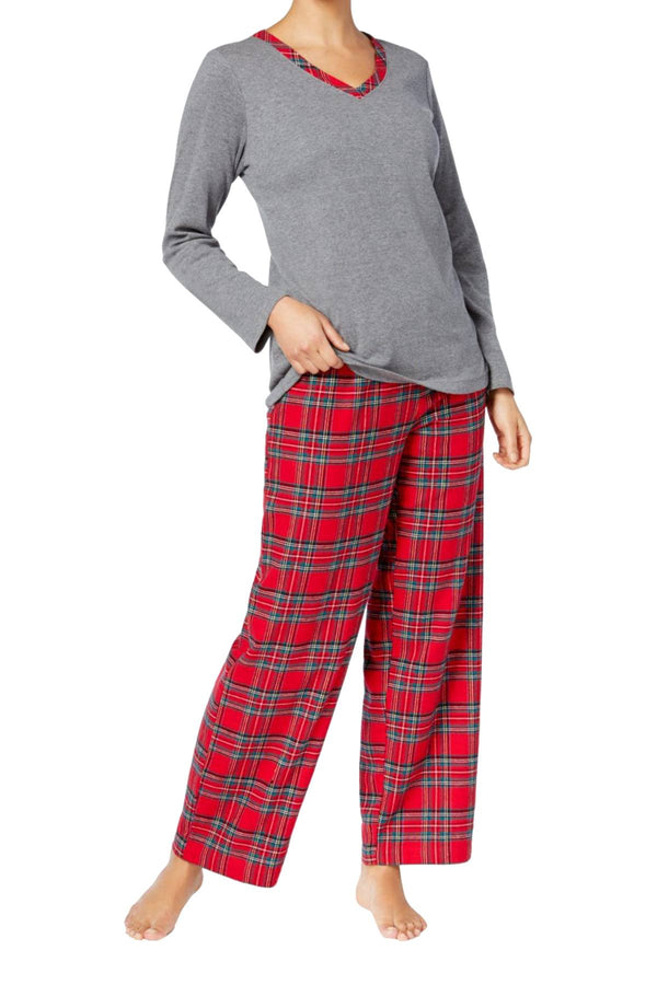 Charter Club Intimates Grey/Red Brinkley-Plaid Mix-It Flannel 2-Pc Pajama Set.