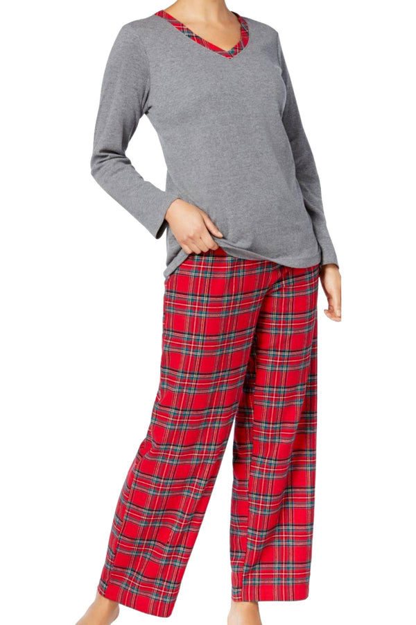 Charter Club Intimates Grey/Red Brinkley-Plaid Mix-It Flannel 2-Pc Pajama Set.