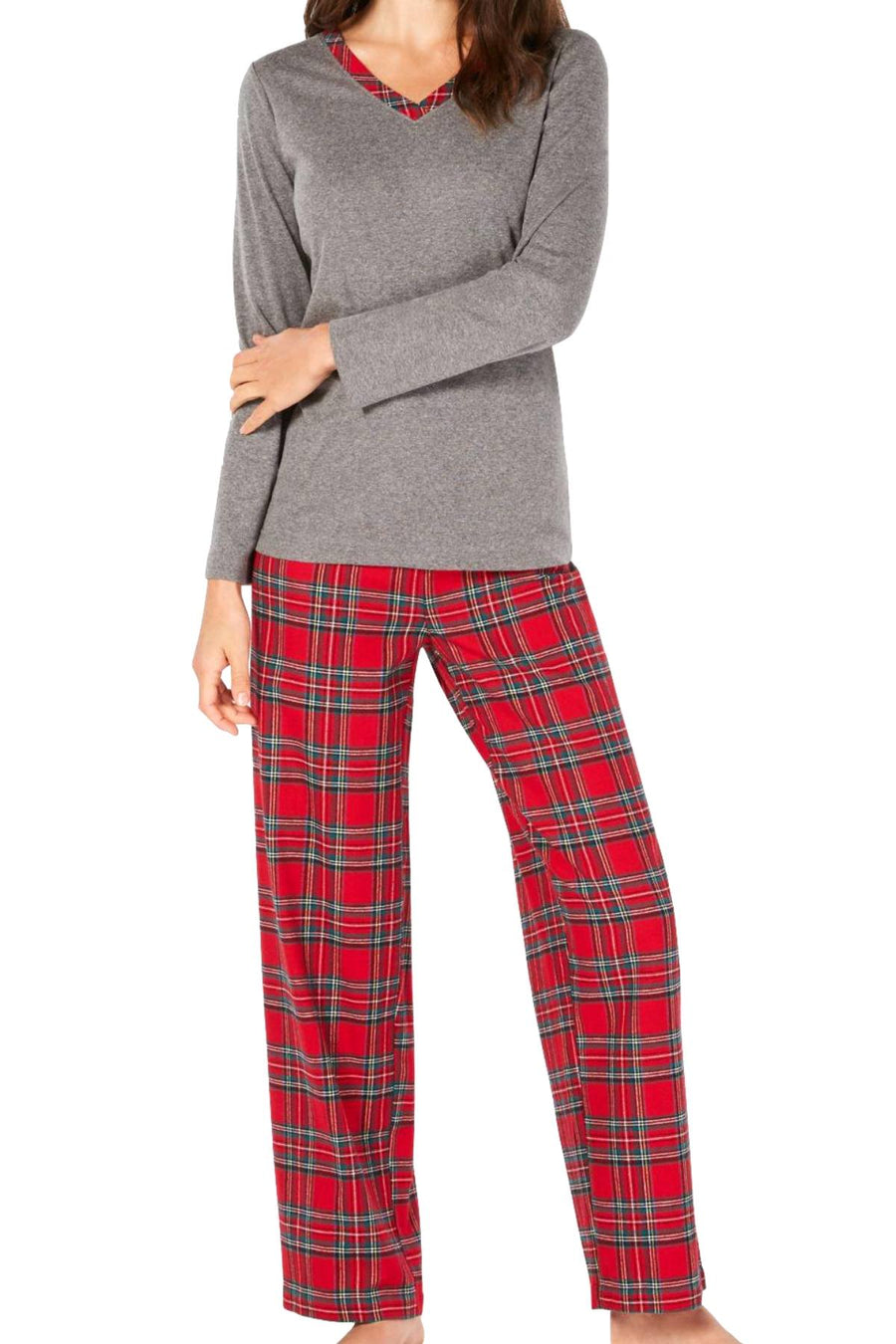 Charter Club Intimates Grey/Red Brinkley-Plaid Mix-It Flannel 2-Pc Pajama Set.