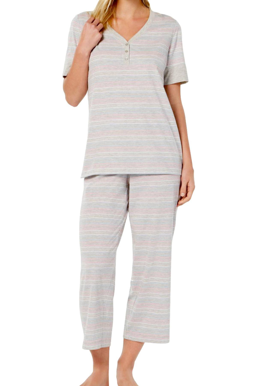 Charter Club Intimates Grey Variegated-Stripe Banded Cotton Pajama Set