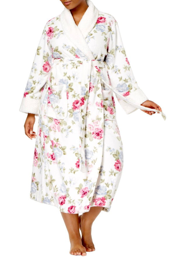 Charter Club Intimates PLUS White/Pink Rose-Bouquet Printed Robe