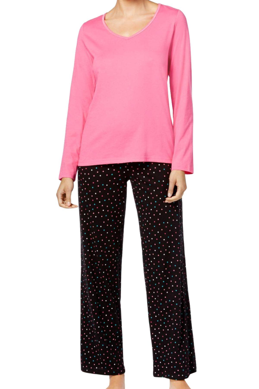 Charter Club Intimates Pink/Black Multi-Dots Top & Printed Pant Pajama Set