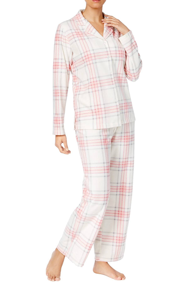 Charter Club Intimates Pink-Plaid 2-Pc Printed Fleece Pajama Set