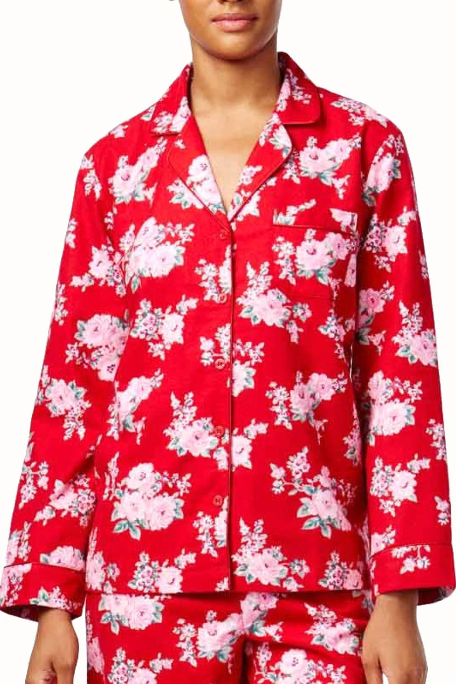 Charter Club Intimates Red/Pink Rose Printed Flannel PJ 2-Piece Set
