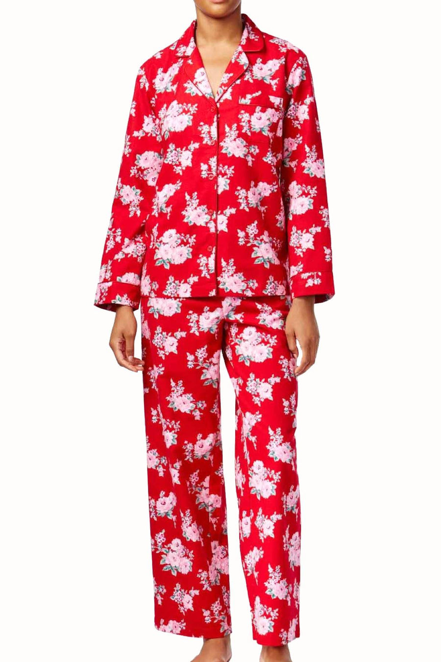 Charter Club Intimates Red/Pink Rose Printed Flannel PJ 2-Piece Set