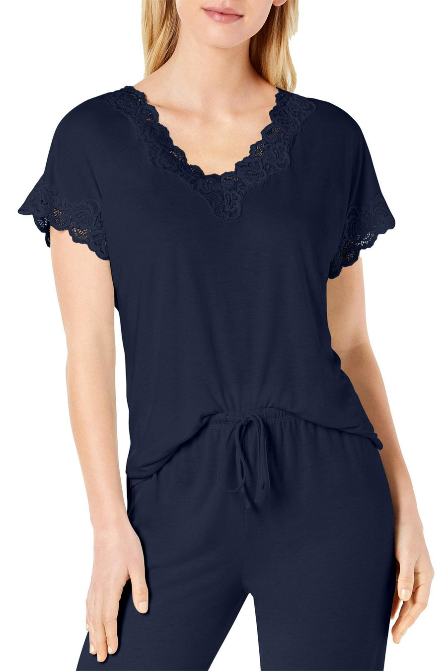 Charter Club Lace Trim Soft Knit Modal PJ Set in Ink Blue