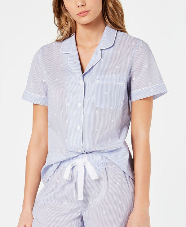 Charter Club Notch Collar Cotton Pajama Top in Embroidery Stripe Blue
