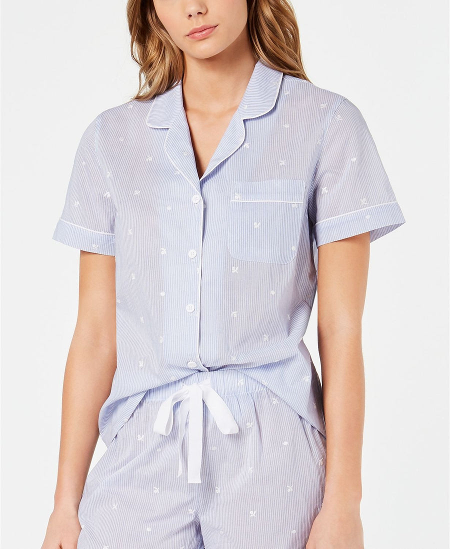 Charter Club Notch Collar Cotton Pajama Top in Embroidery Stripe Blue