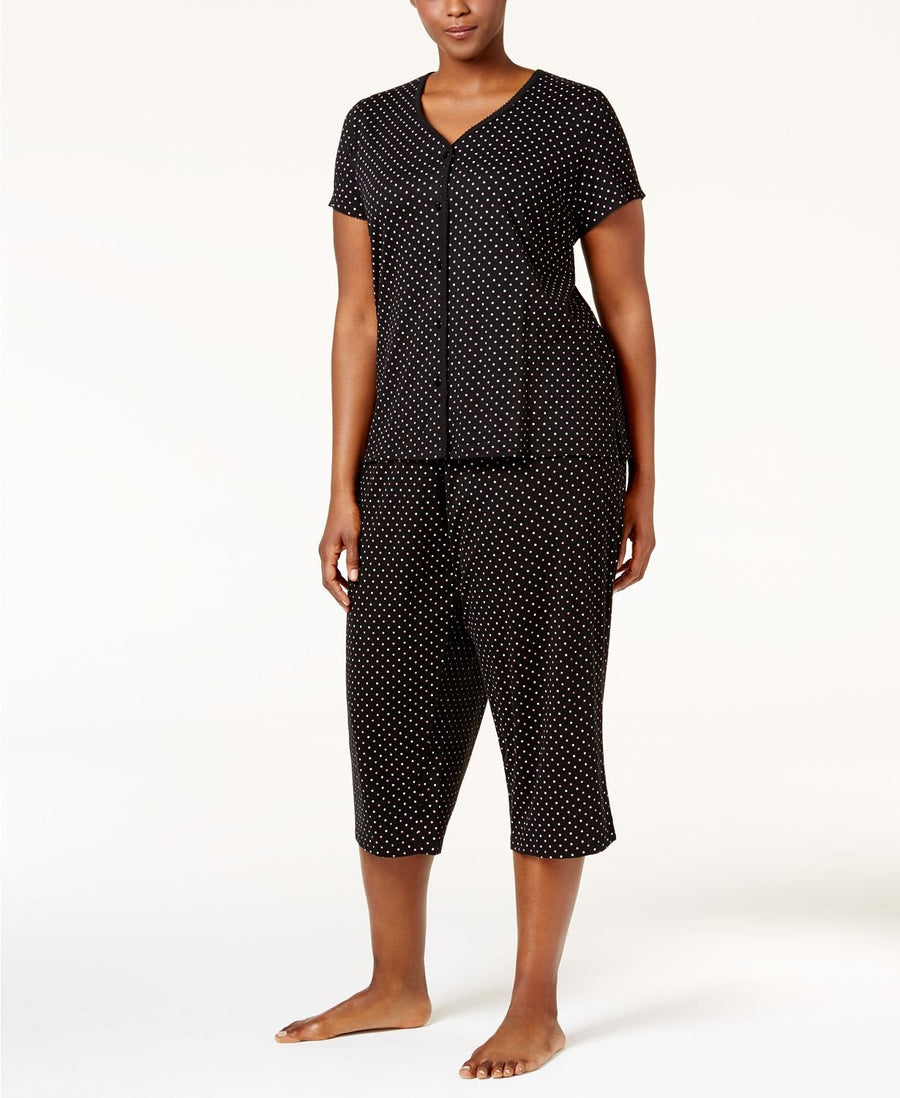 Charter Club PLUS Loop Trimmed Top / Cropped Pants Set in Black Duo Dot