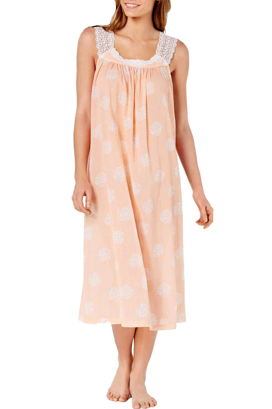 Charter Club Peach Floral Pompande Lace Straps Long Cotton Nightgown