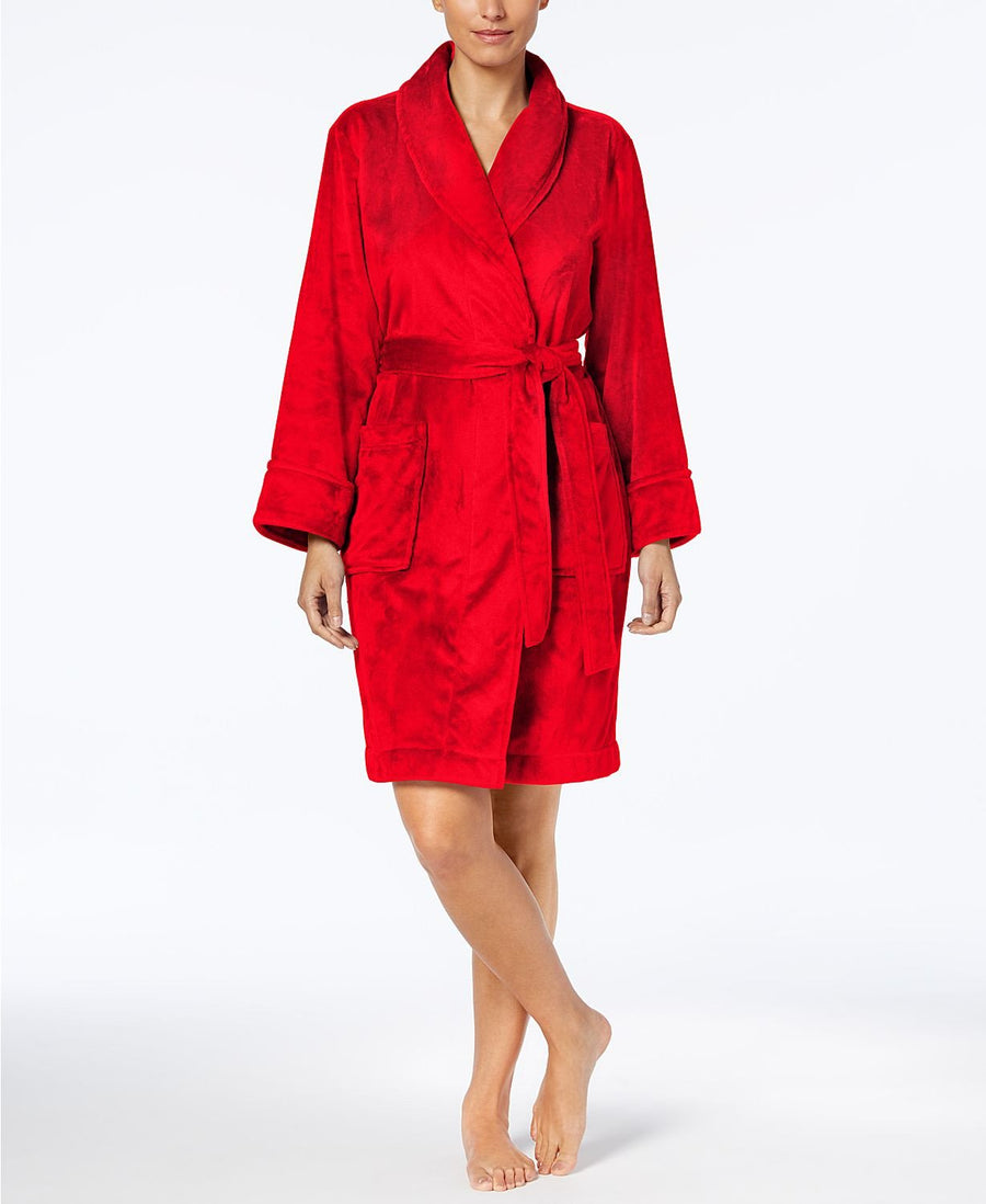 Charter Club Short Solid Plush Robe in Candy Red