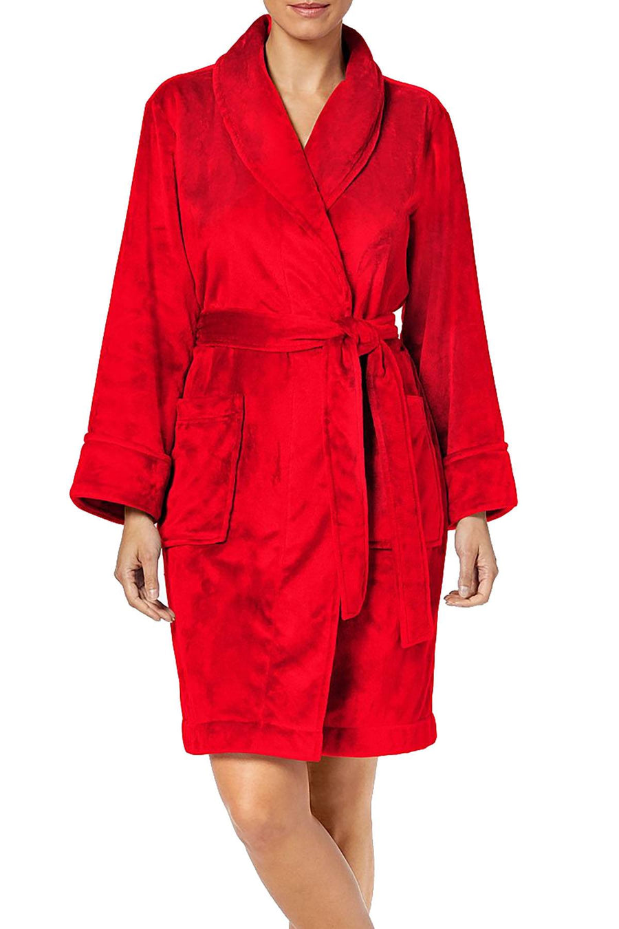 Charter Club Short Solid Plush Robe in Candy Red