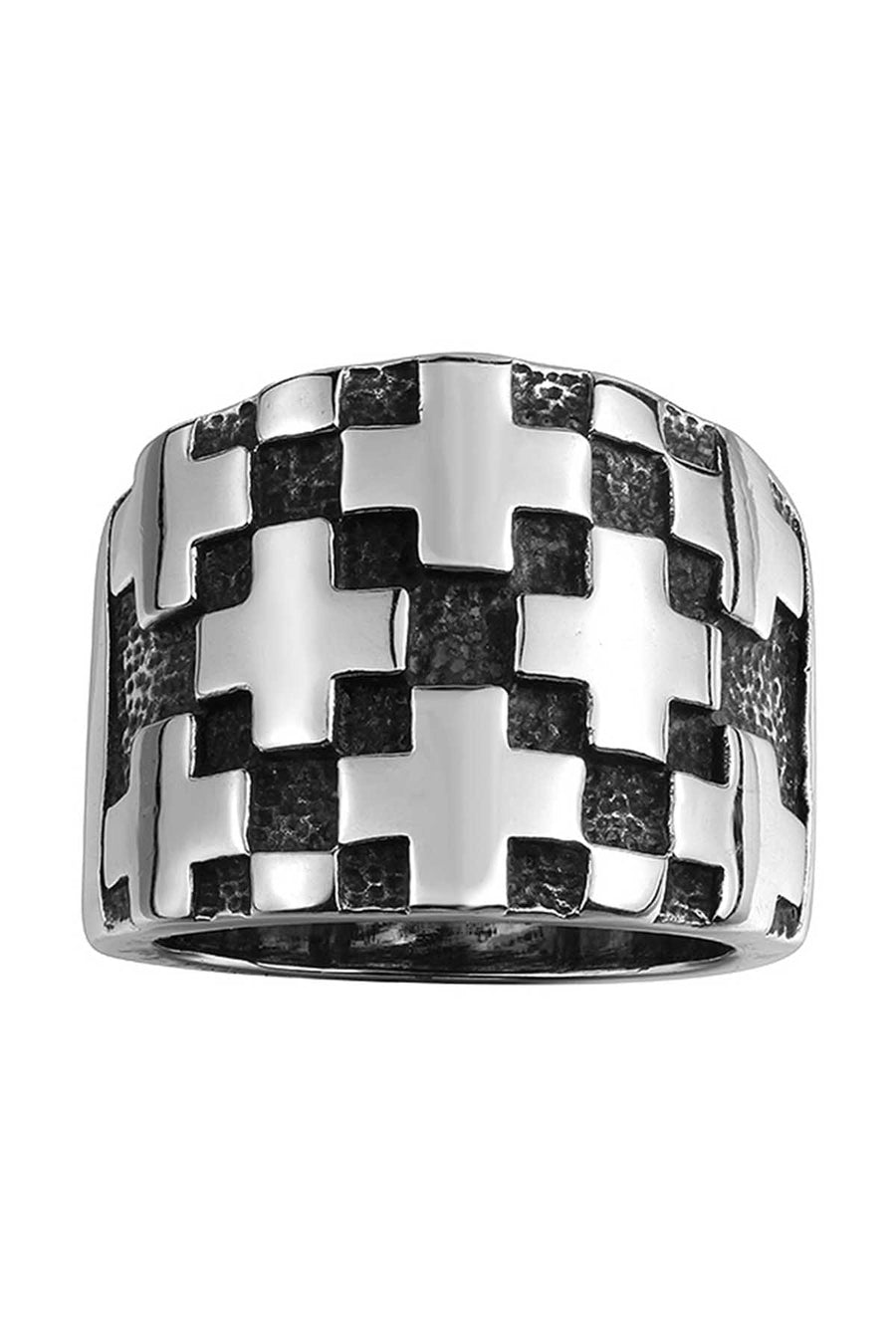 Checkered Cross Stainless Steel Ring
