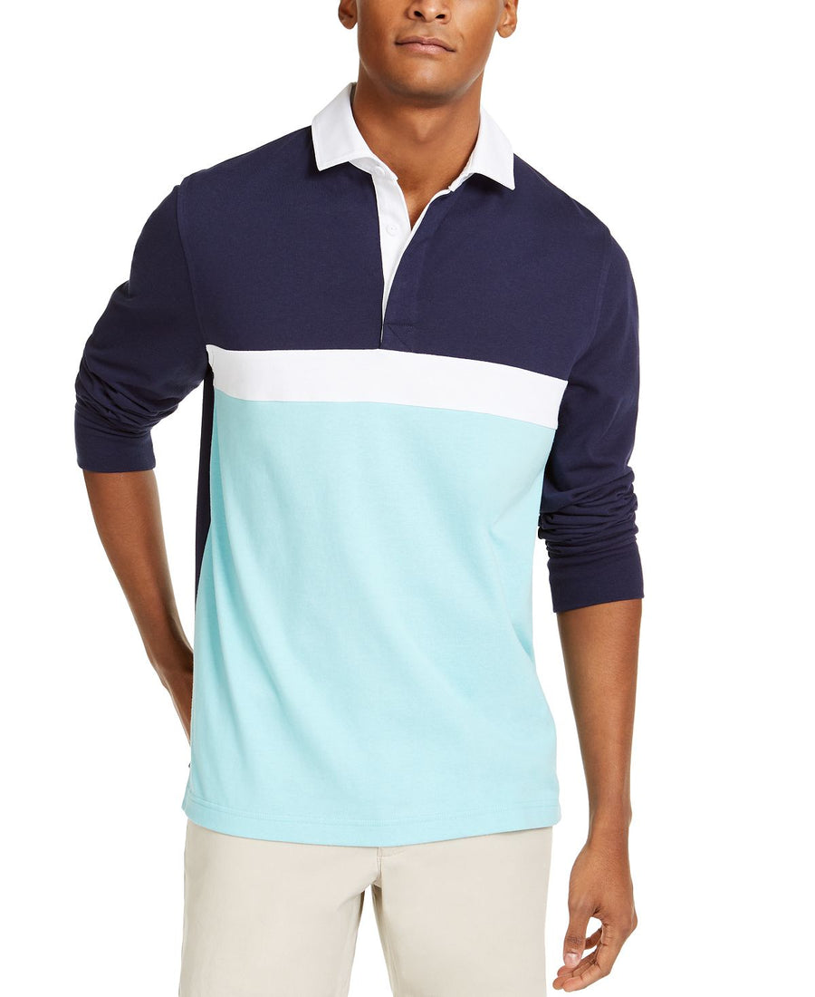 Club Room Chest Stripe Long Sleeve Polo Shirt Aqua Reef