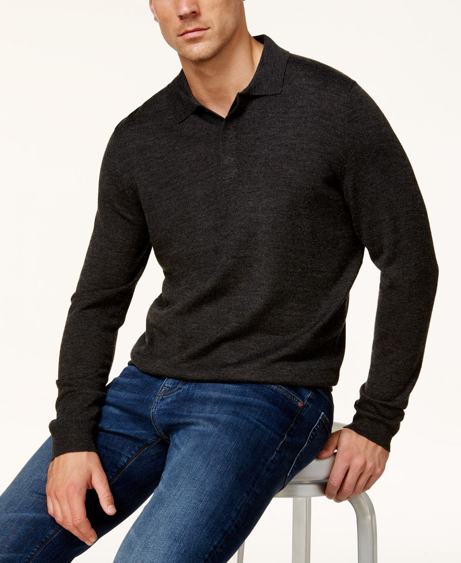 Club Room Merino Wool Blend Polo Sweater Ebony Heather