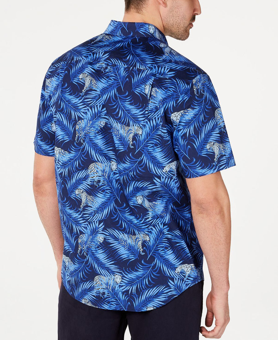 Club Room Stretch Cheetah-print Jungle Shirt Navy Blue