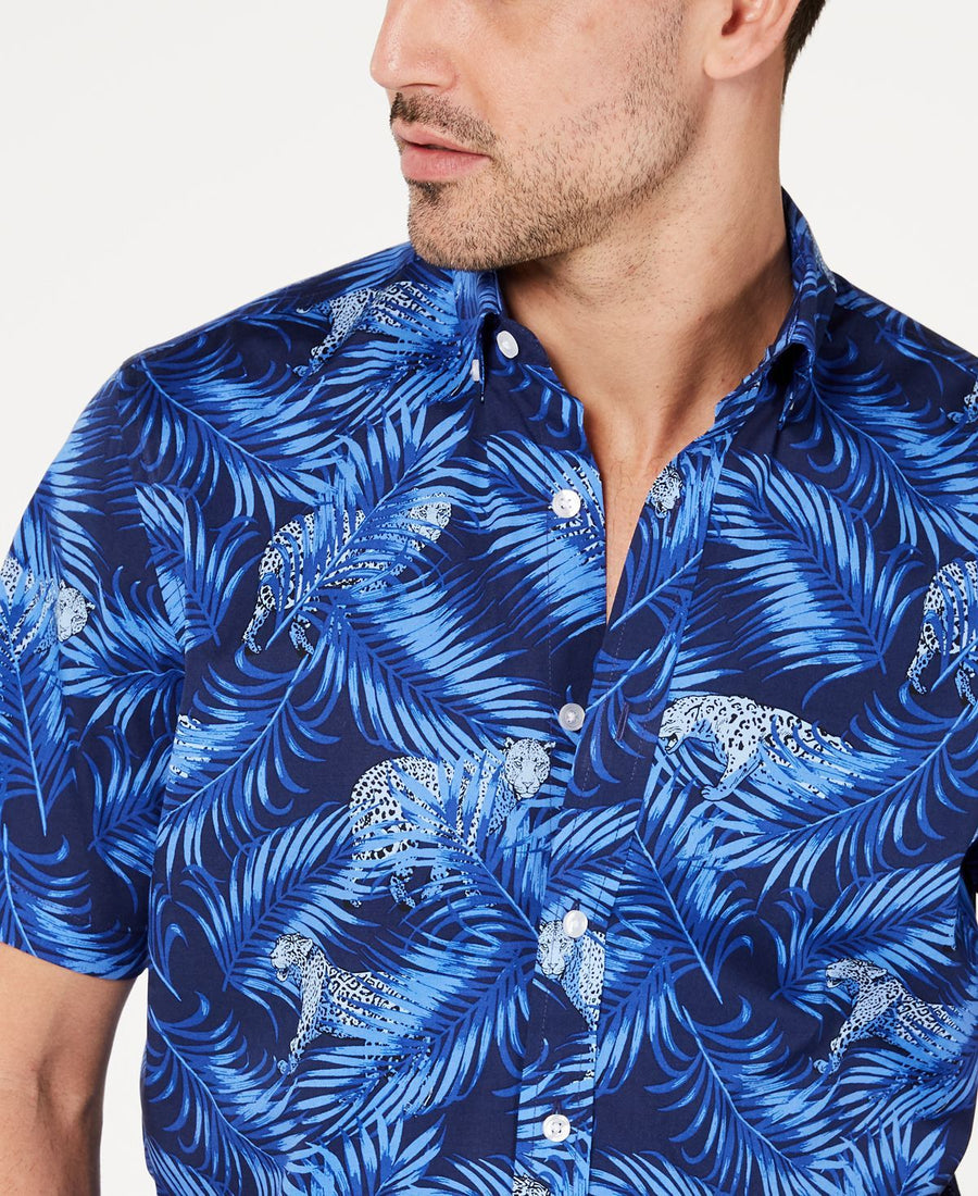 Club Room Stretch Cheetah-print Jungle Shirt Navy Blue