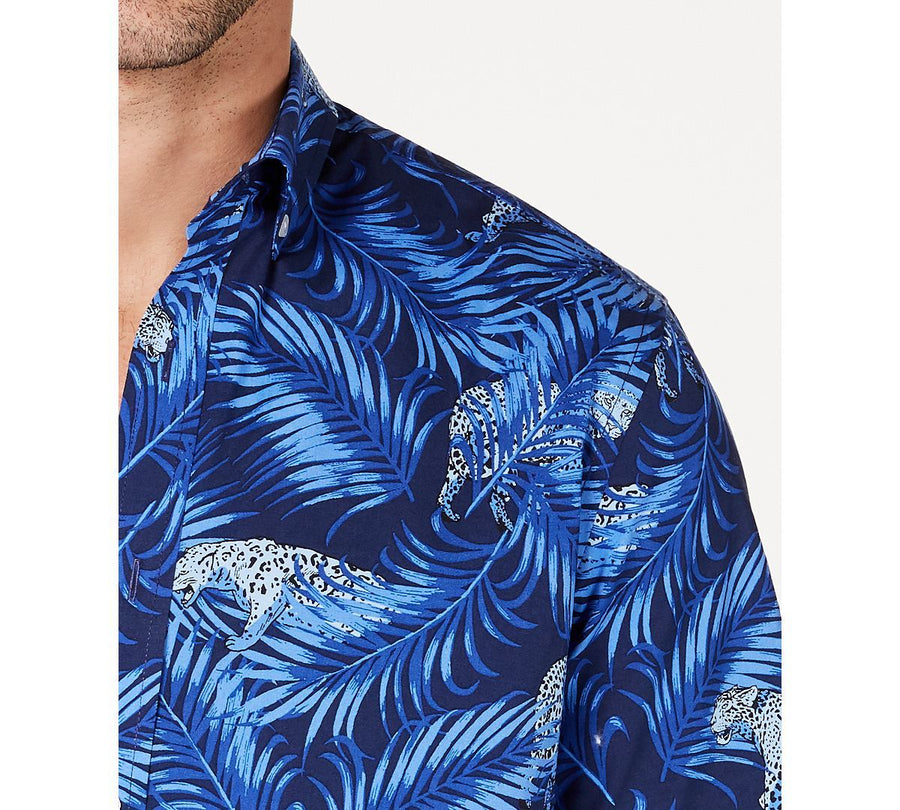 Club Room Stretch Cheetah-print Jungle Shirt Navy Blue