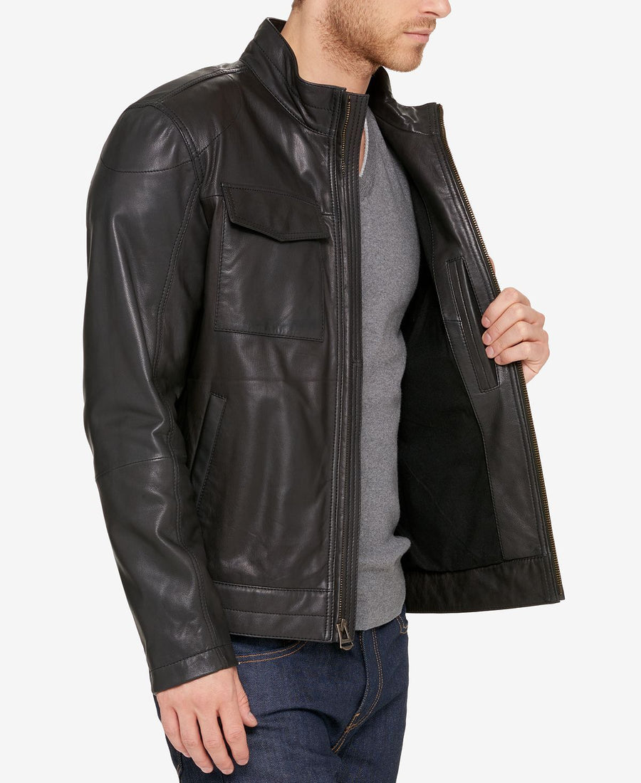 Cole Haan Leather Trucker Jacket Black