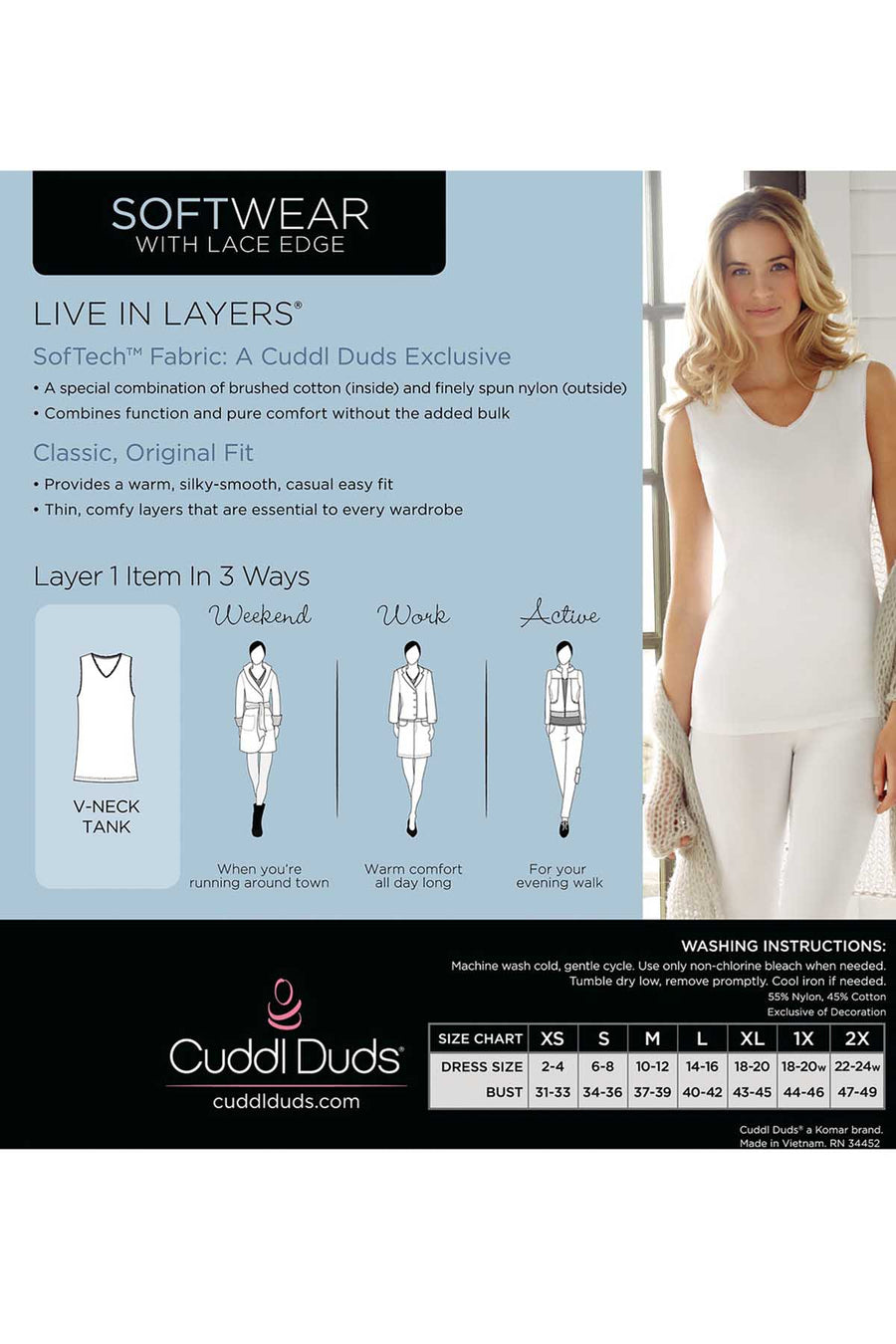 CuddlDuds White Softwear Lace-Trim V-Neck Tank Top