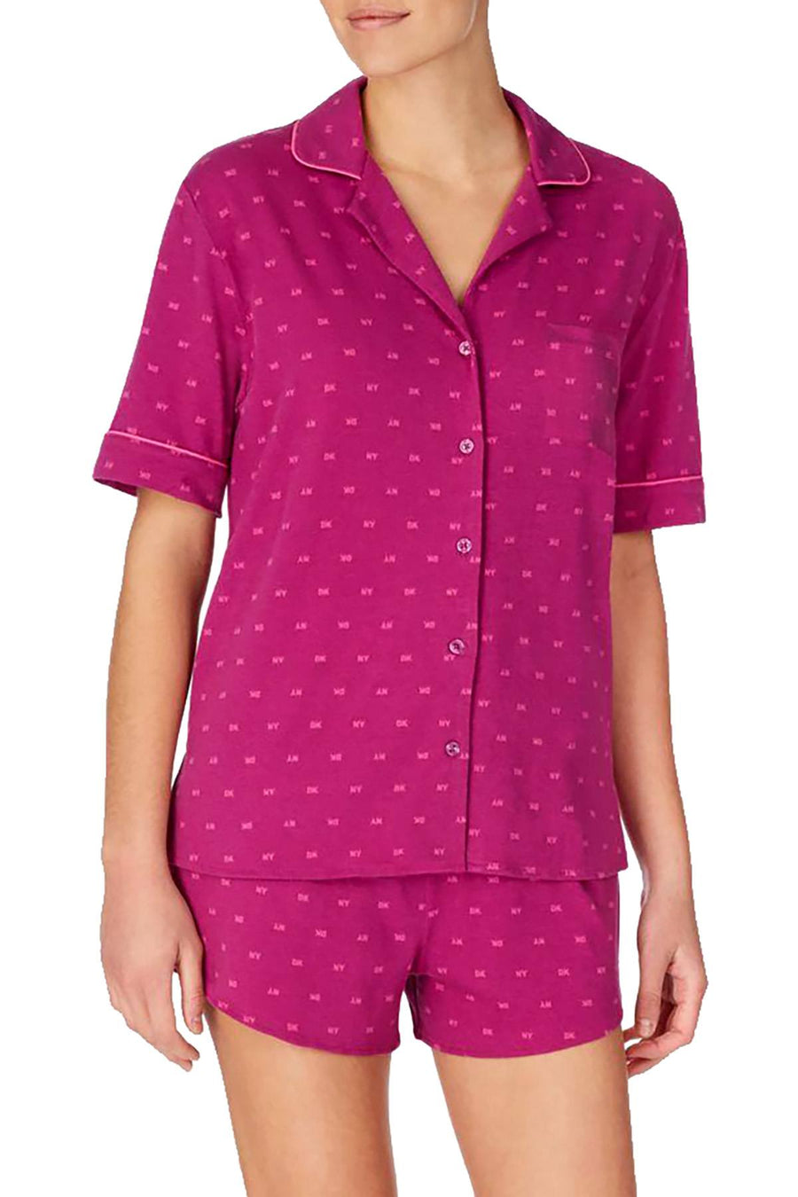 DKNY Berry Logo Notch Collar Top / Boxer Short Pajama Set