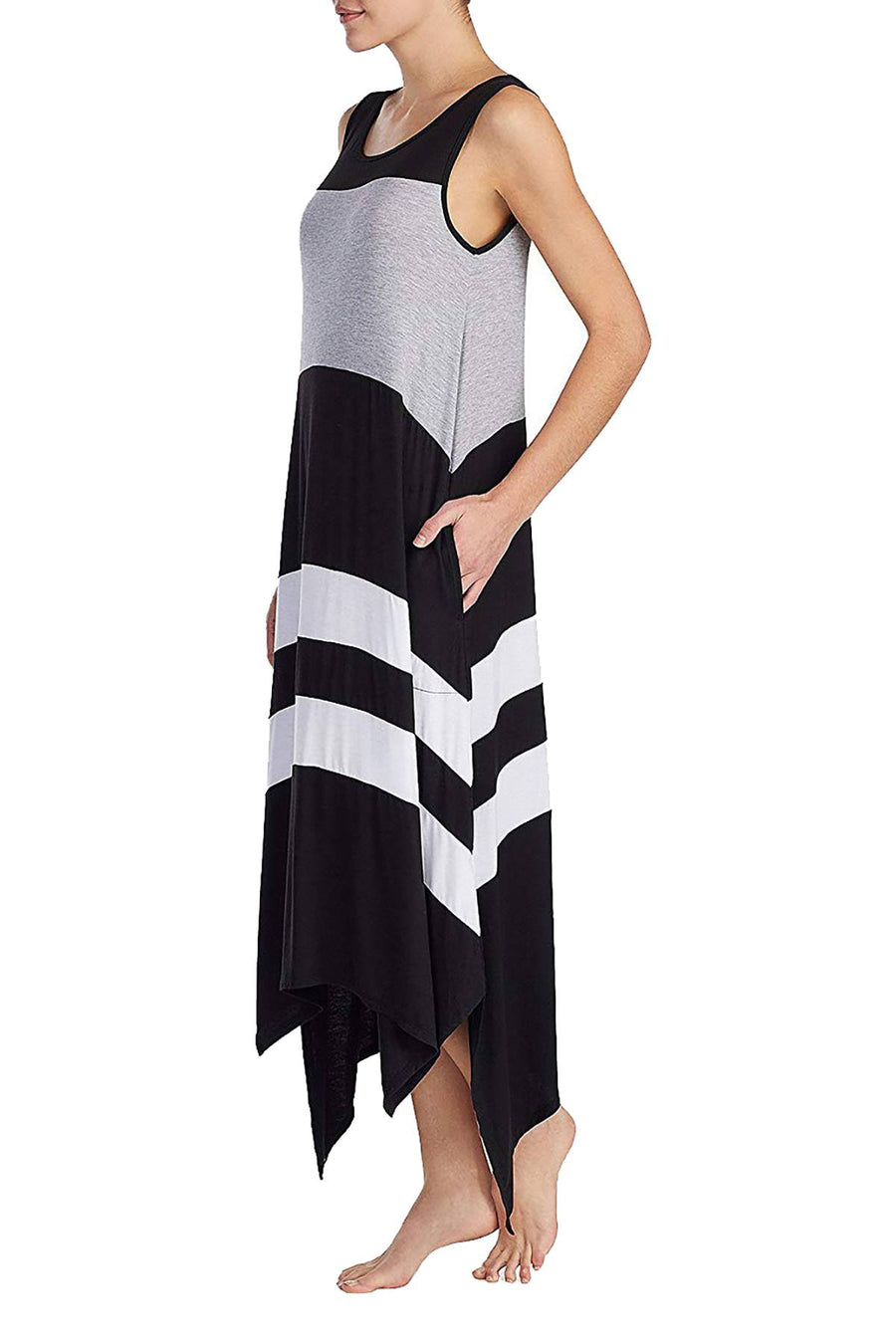 DKNY Black Asymmetrical-Hem Striped Maxi Lounge Dress