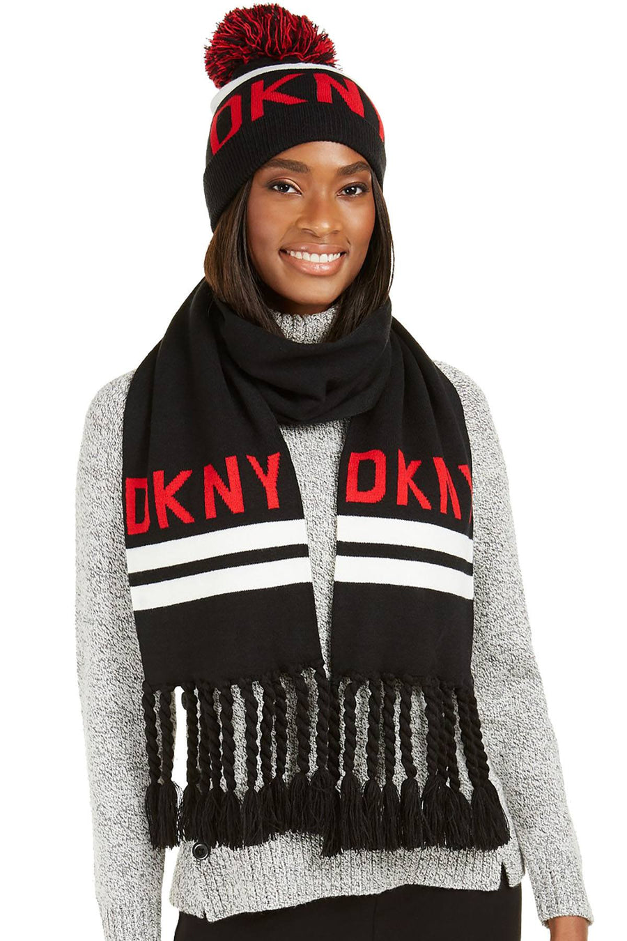DKNY Black/Red Logo Stadium Scarf With Tassel Fringe