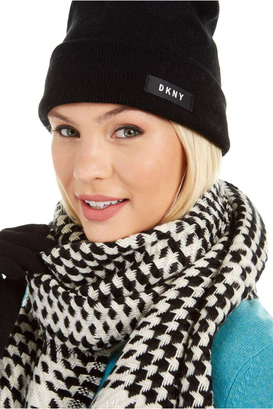 DKNY Black/White Houndstooth Metallic Weave Scarf