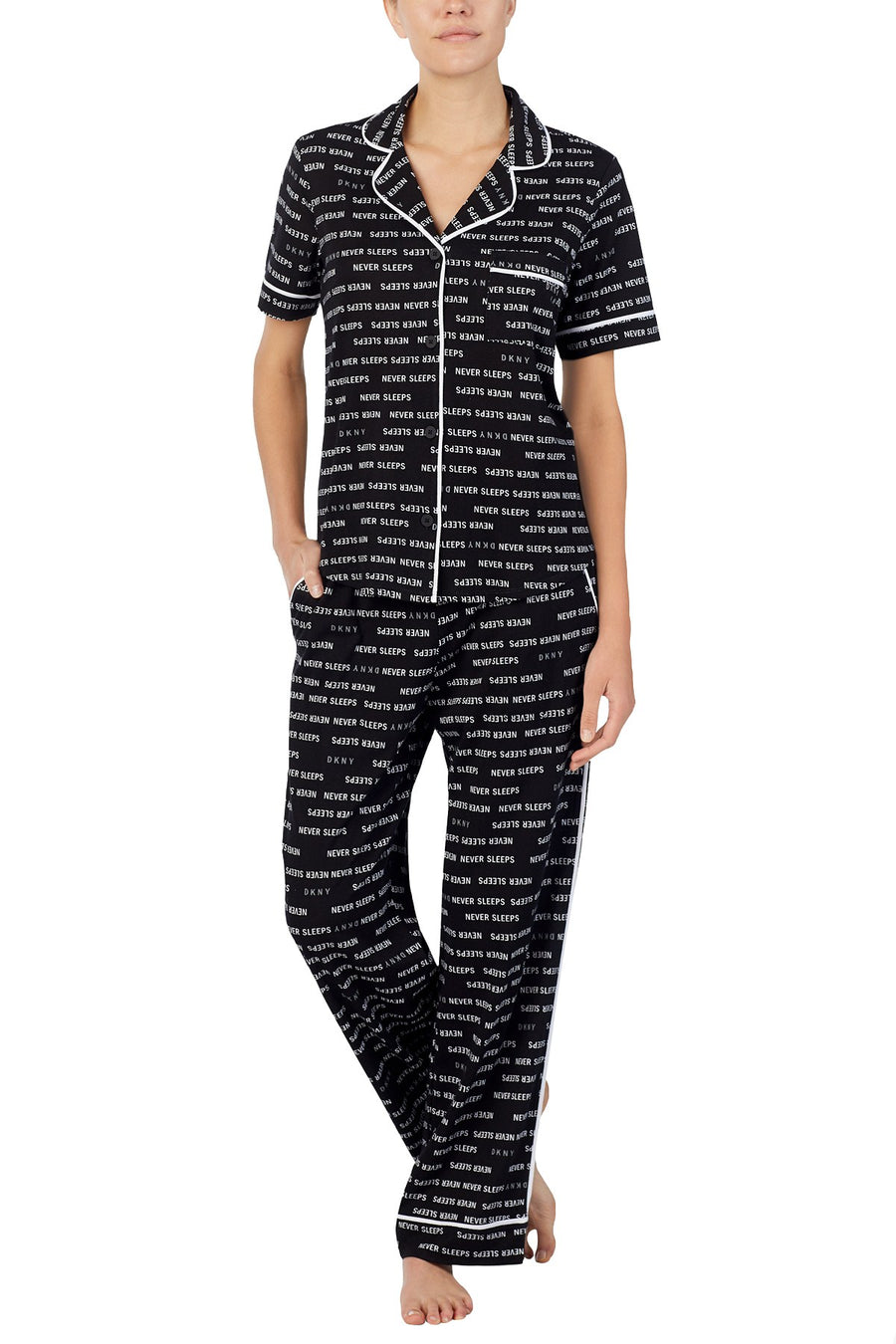 DKNY Black/White Logo Contrast-Trim Knit Pajama Set