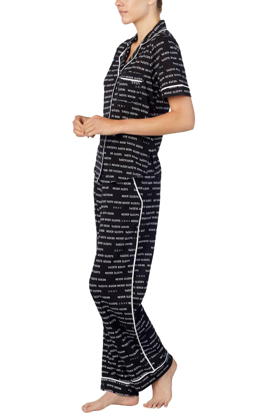 DKNY Black/White Logo Contrast-Trim Knit Pajama Set