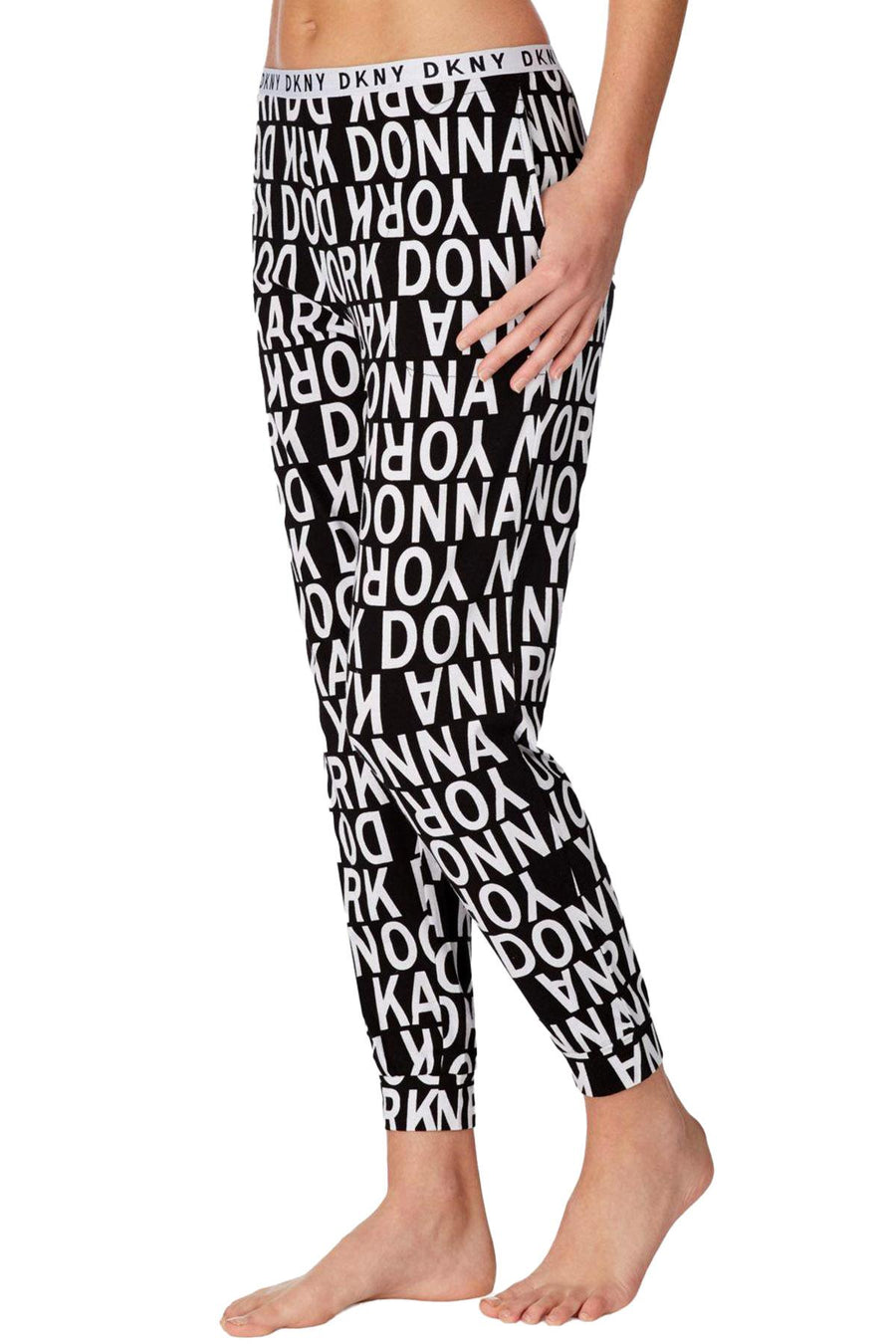 DKNY Black/White Logo Print Knit Jogger Lounge Pant