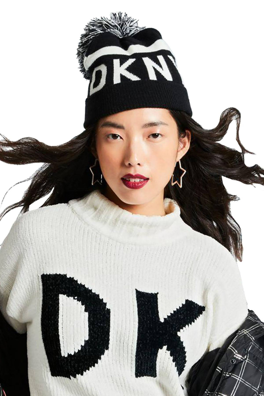 DKNY Black/White Logo Stadium Beanie With Pom Pom