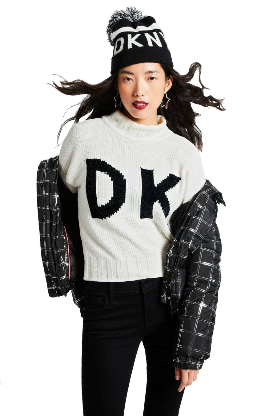 DKNY Black/White Logo Stadium Beanie With Pom Pom