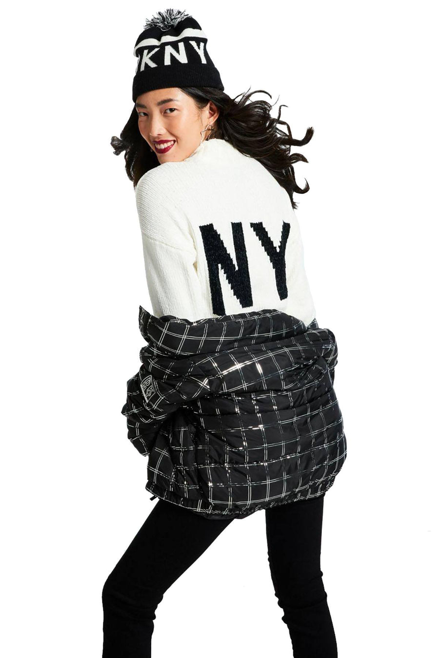 DKNY Black/White Logo Stadium Beanie With Pom Pom