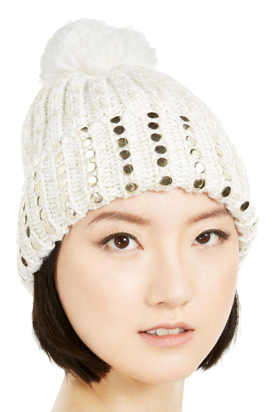 DKNY Cream/Gold Flat Stud Metallic Rib-Knit Beanie