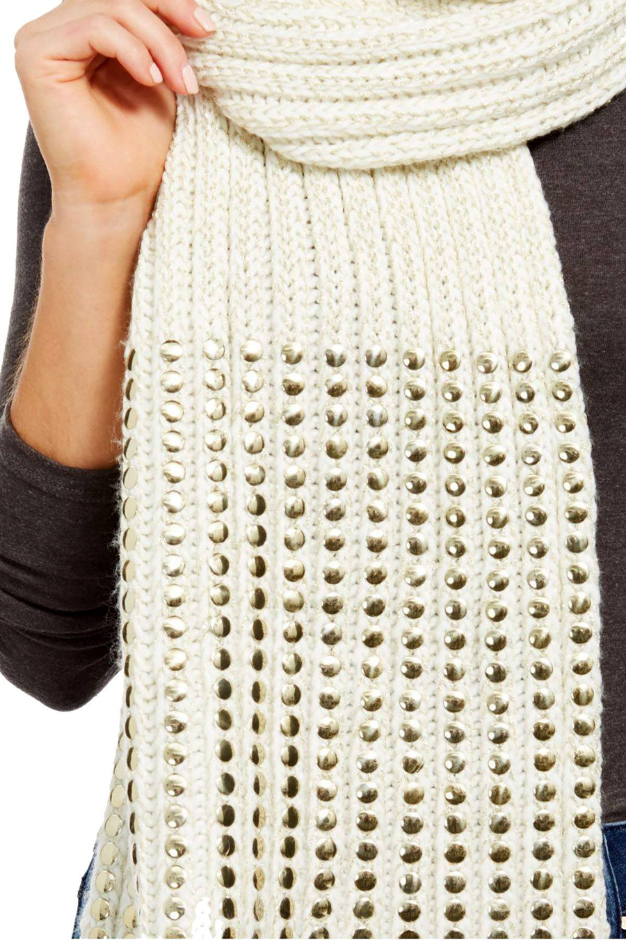 DKNY Cream/Gold Flat Stud Metallic Rib-Knit Scarf