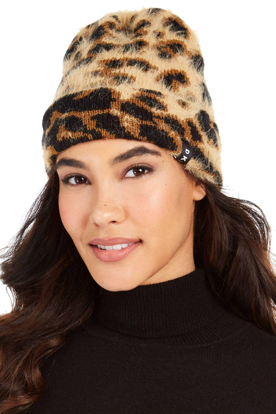 DKNY Fuzzy Leopard Print Beanie