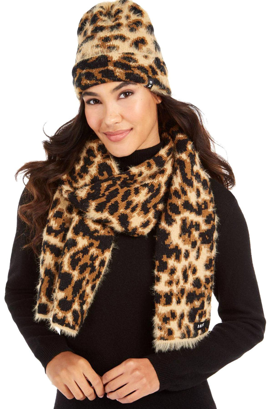 DKNY Fuzzy Leopard Print Knit Scarf