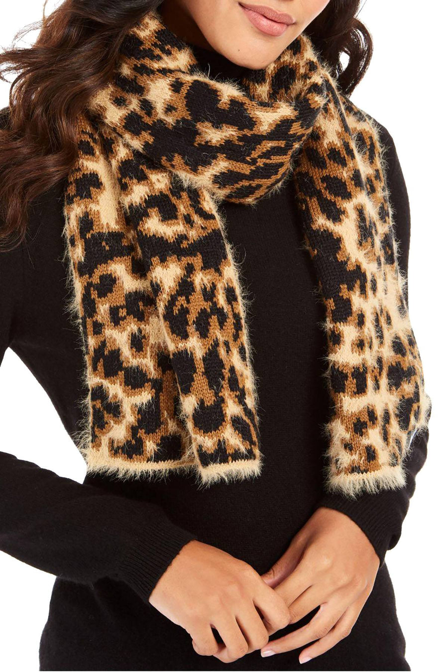 DKNY Fuzzy Leopard Print Knit Scarf
