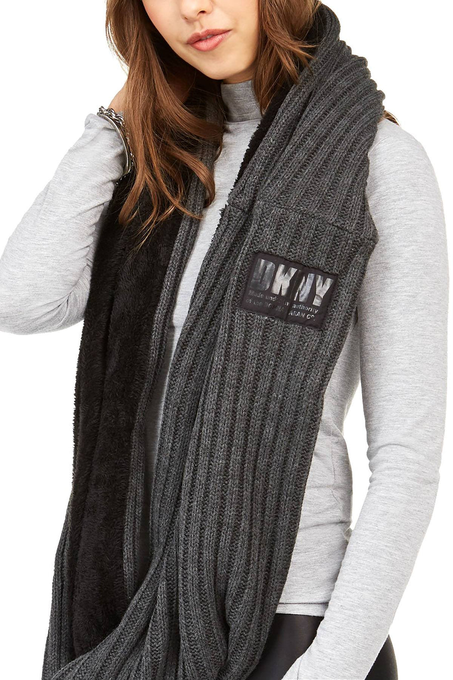 DKNY Grey Fleece Lined Knit Infinity Scarf