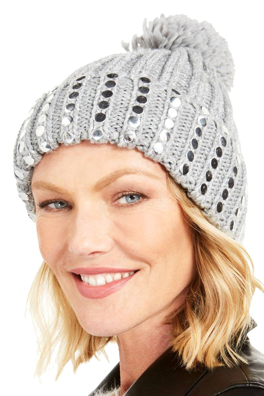 DKNY Grey/Silver Flat Stud Metallic Rib-Knit Beanie
