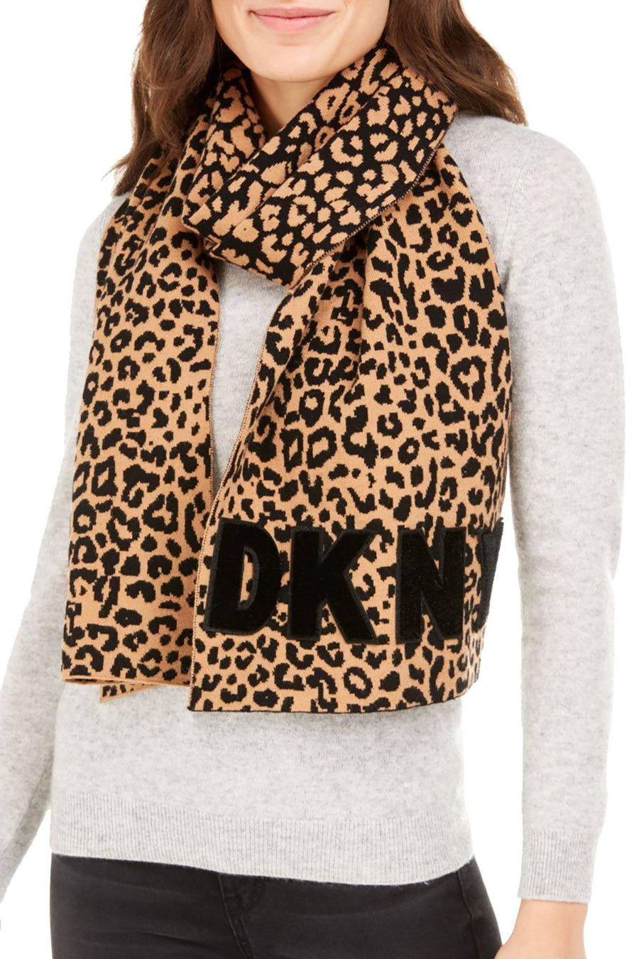 DKNY Leopard Print Logo Velvet Flocked Flat Knit Scarf